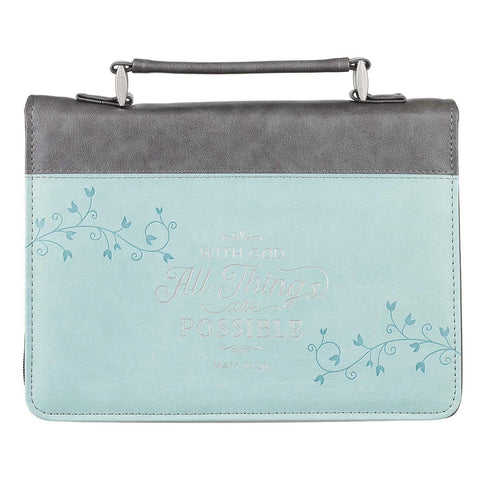 All Things Are Possible Classic Faux Leather Bible Cover in Light Blue - Matthew 19:26 (8" x 11.2" x 2.2")