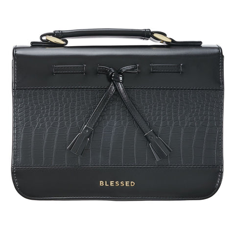 Blessed Black Croc Faux Leather Fashion Bible Cover with Tassels (6.75" x 9.5" x 1.75")