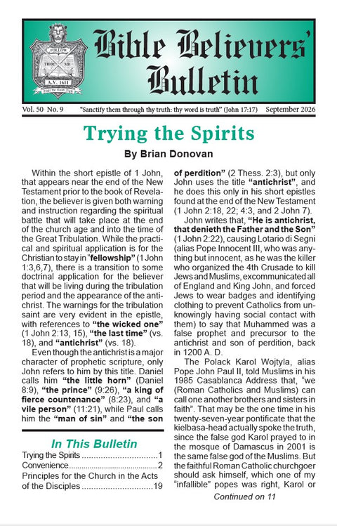 Bible Believers' Bulletin, September 2026 - Downloadable PDF
