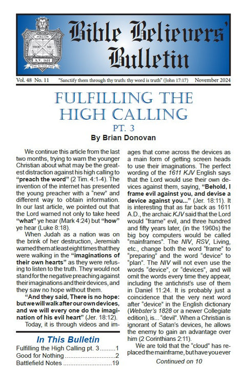 Bible Believers' Bulletin, November 2024 - Downloadable PDF