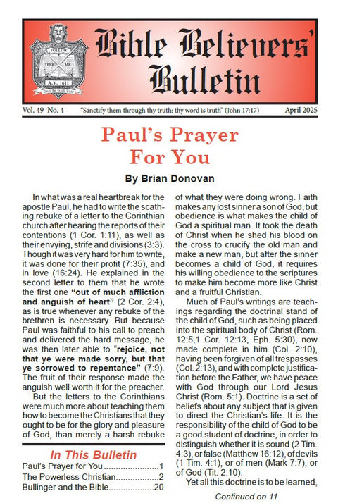 Bible Believers' Bulletin, April 2025 - Downloadable PDF